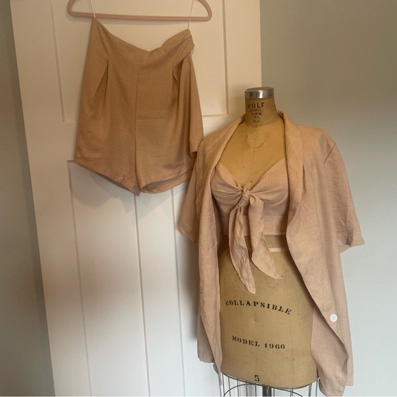 SHEIN- SZ M Tan 3 Piece Shorts Top Jacket Set Linen - Picture 10 of 10